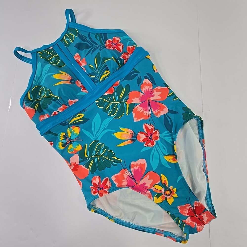 Lands' End Women's SIZE 2 BLUE Tropical Floral One-Piece Swimsuit Wire-Free *VGC